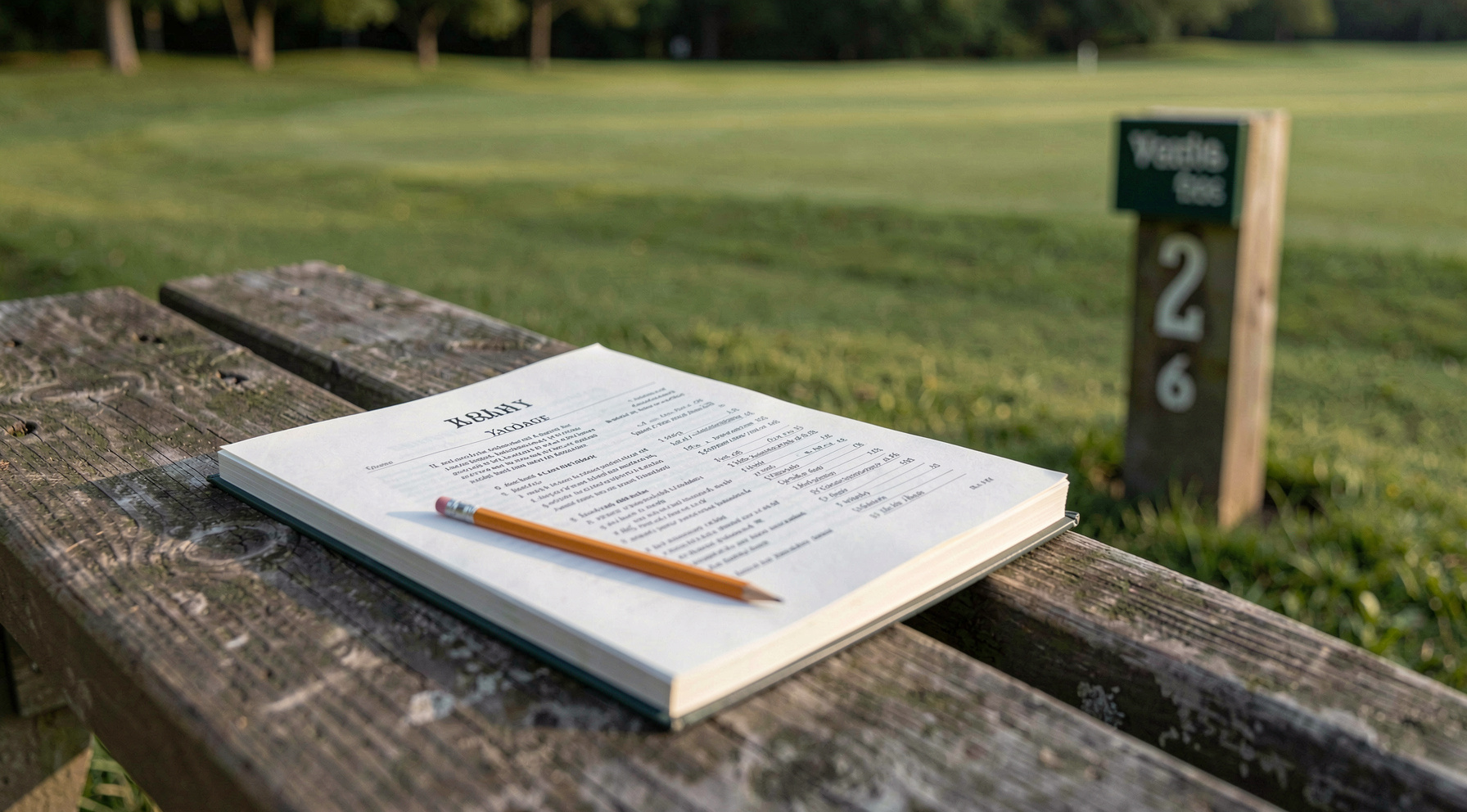 A printed yardage book and a pencil resting on a wooden bench beside a public golf course tee marker, morning light, close crop.