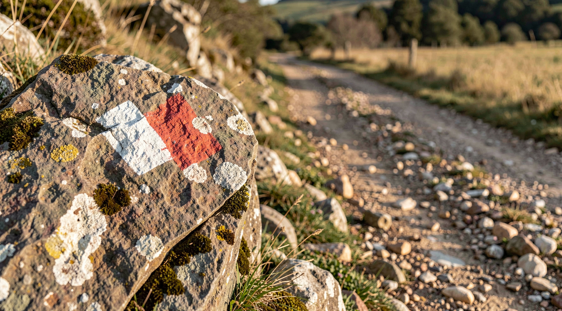 A stone trail marker painted with a white and red blaze on a schist outcrop beside a stony path in the Cévennes foothills, morning light from the left, medium close shot with the path receding behind.