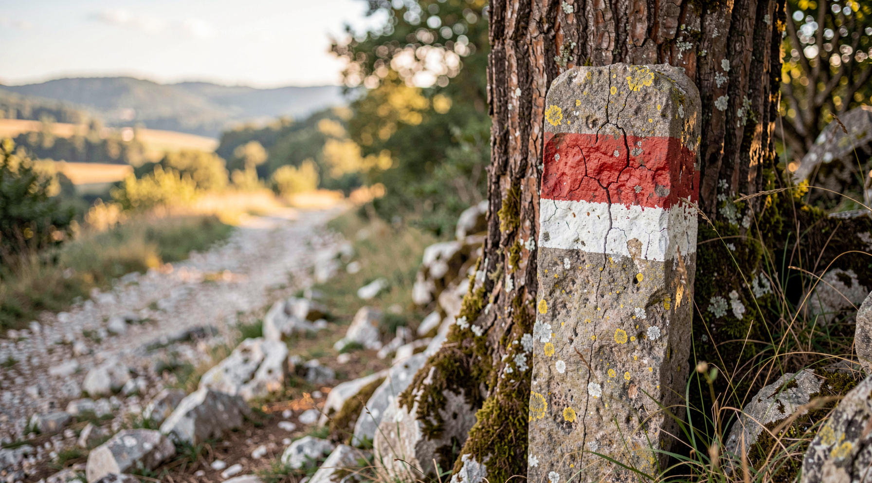 A stone trail marker with a painted red and white blaze on a chestnut tree trunk beside a rocky path in the Cévennes foothills, late afternoon light, medium shot.