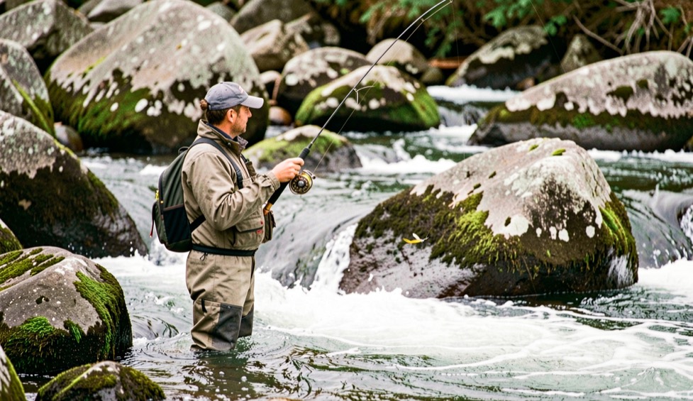 An angler in waders standing thigh-deep among mossy boulders, fly rod held high over fast white water, drifting a fly into a calm pocket behind a large rock